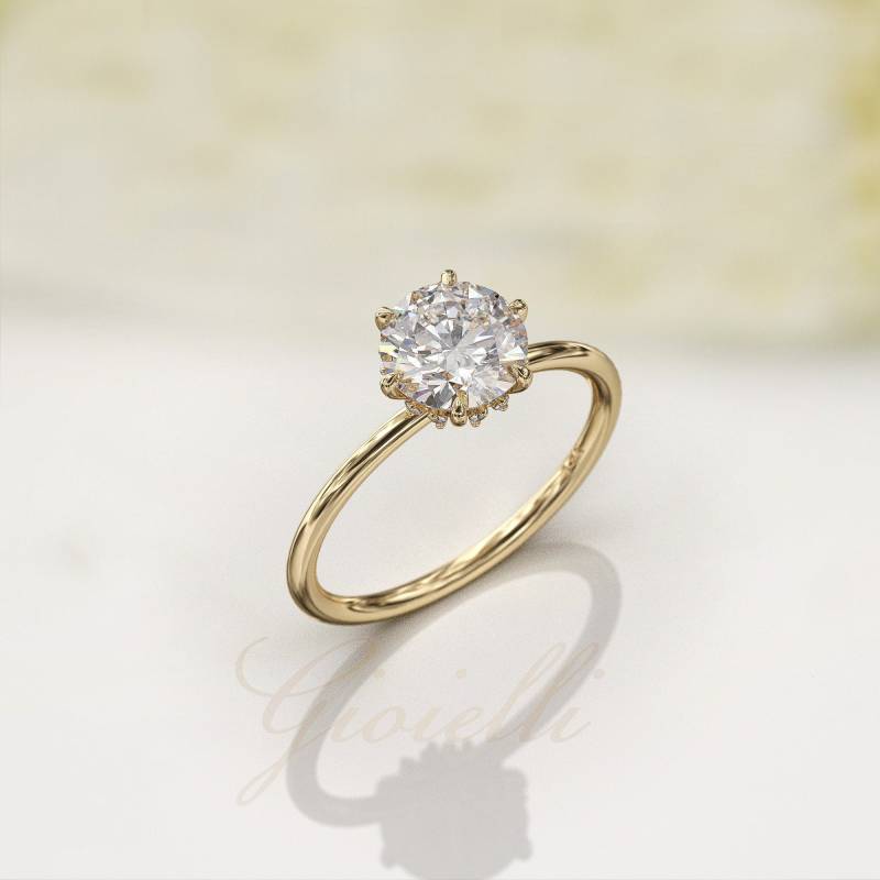Rundschliff Diamant Mit Heiligenschein Auf Dünnem Band, 1, 3 Karat Igi-Zertifikat Labordiamant, Versteckter Diamant, 14K/18K Massivgoldring 1, 5 von GioielliRings