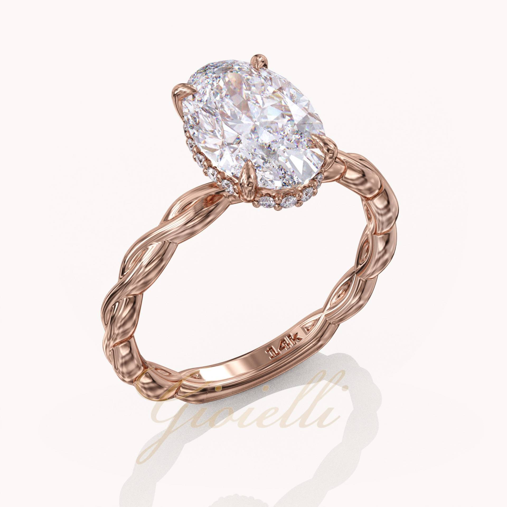 Verdrehter Ovaler Verlobungsring, 2Ct Oval Moissanite Ring & 0, 09Ct Versteckter Heiligenschein Diamant Seilring, 14K/18K Solid Gold von GioielliRings