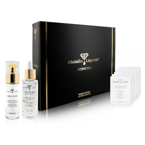 Elastische Geschenkbox – 1 Gesichtscreme mit Kollloidalgold, Damaszener Rose, X50 Antiaging + 1 Gesichtsöl mit reinem Silber und konzentrierten Ölen – gratis Proben-Set – 30 ml Gioiello Liquido von Gioiello Liquido