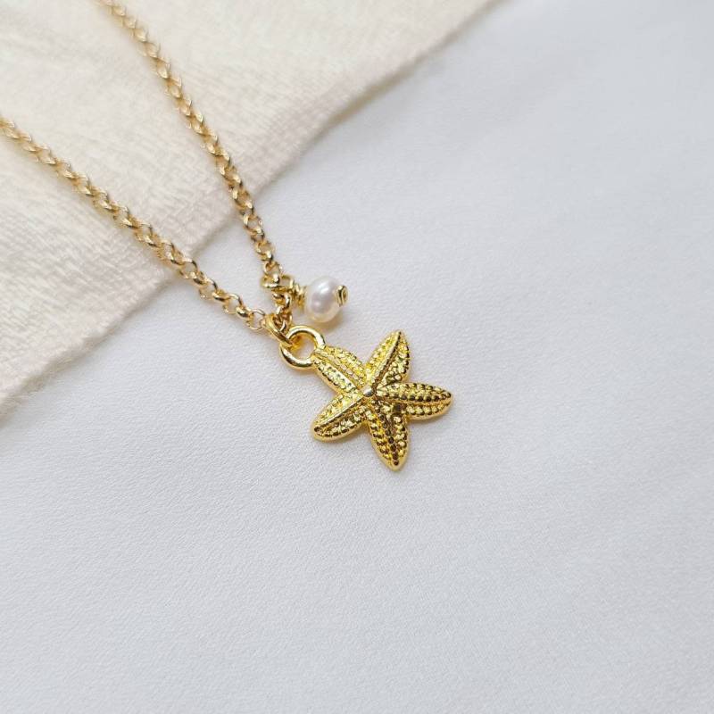 Kette Gold Mit Seestern Anhänger Süsswasserperle Strand Schmuck Sommer Maritim von GioielloDesign