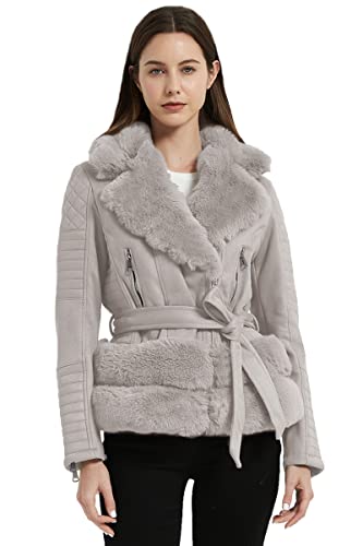 Giolshon Damen Faux Wildleder Lederjacke, Motorrad Kurzmantel mit Kunstpelzkragen Moto Biker PU Oberbekleidung mit Gürtel Herbst und Winter 8831A Grau S von Giolshon