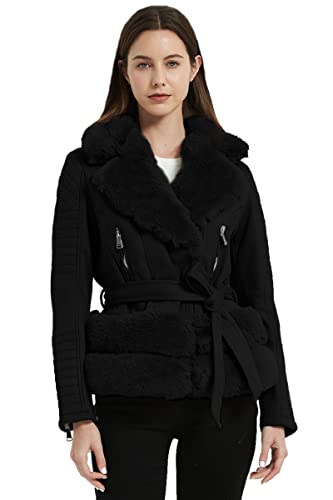 Giolshon Damen Faux Wildleder Lederjacke, Motorrad Kurzmantel mit Kunstpelzkragen Moto Biker PU Oberbekleidung mit Gürtel Herbst und Winter 8831A Schwarz M von Giolshon