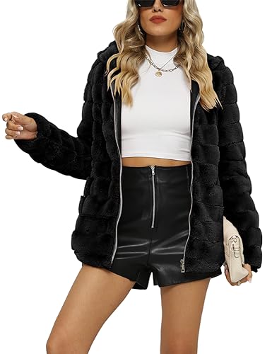 Giolshon Damen Fleecejacke Kunstfell Mantel Teddy Winterjacket mit Kapuze 1801 Schwarz L von Giolshon