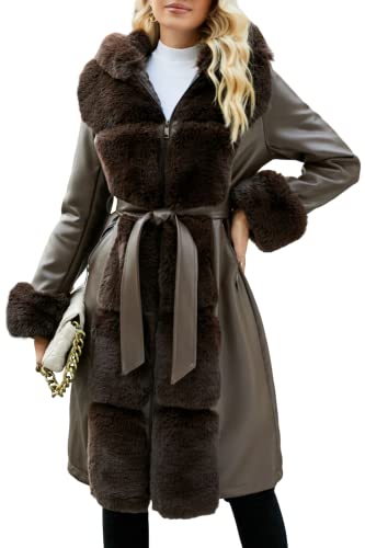 Giolshon Damen-Jacke mit Fellfutter aus Wildlederimitat, Kapuze und Pelzkragen dicker langer Mantel mit Gürtel 244 Kaffee L von Giolshon