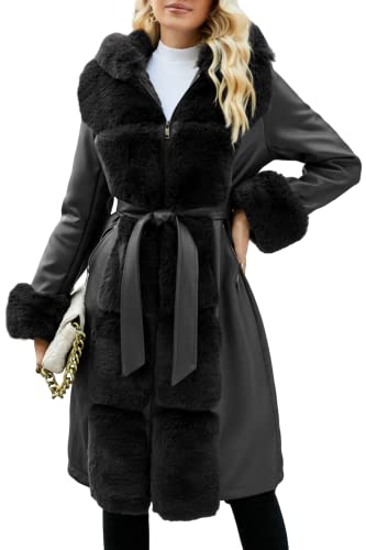 Giolshon Damen-Jacke mit Fellfutter aus Wildlederimitat, Kapuze und Pelzkragen dicker langer Mantel mit Gürtel 244 Schwarz M von Giolshon
