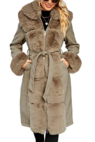 Giolshon Damen-Jacke mit Pelzfutter aus Wollmischung, Kapuze und Pelzkragen verdickter langer Trenchcoat mit Gürtel 244A Khaki M von Giolshon
