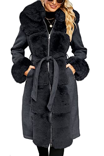 Giolshon Damen-Jacke mit Pelzfutter aus Wollmischung, Kapuze und Pelzkragen verdickter langer Trenchcoat mit Gürtel 244A Schwarzi L von Giolshon
