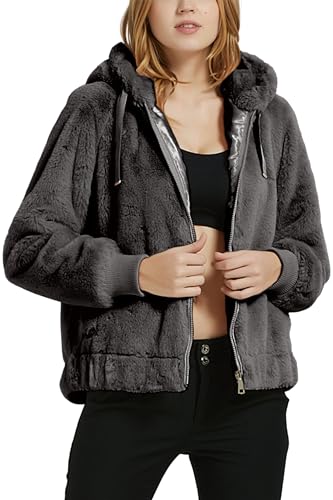 Giolshon Damen Kunstfell Mantel Winter Warm Fleecejacke mit Kapuze 1712014 Grau L von Giolshon