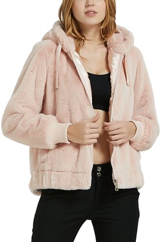 Giolshon Damen Kunstfell Mantel Winter Warm Fleecejacke mit Kapuze 1712014 Rosa M von Giolshon