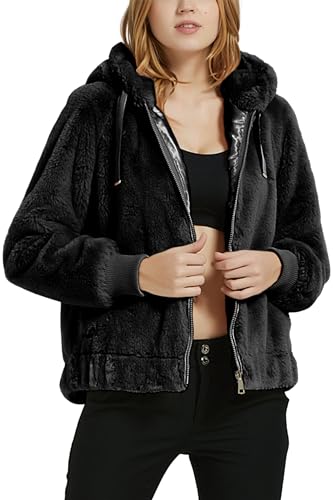 Giolshon Damen Kunstfell Mantel Winter Warm Fleecejacke mit Kapuze 1712014 Schwarz L von Giolshon