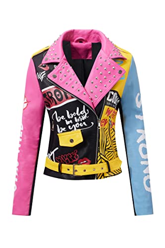 Giolshon Damen Kunstleder Jacke Nieten Floral Moto Biker Kurzer Revers Mantel 0375 Rosa 3XL von Giolshon