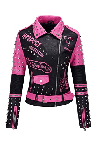 Giolshon Damen Kunstleder Jacke Nieten Floral Moto Biker Kurzer Revers Mantel 0376 Rosa L von Giolshon