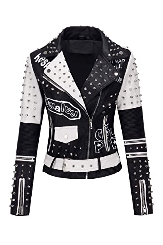 Giolshon Damen Kunstleder Jacke Nieten Floral Moto Biker Kurzer Revers Mantel 0376 Schwarz L von Giolshon