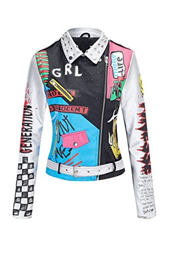Giolshon Damen Kunstleder Jacke Nieten Floral Moto Biker Kurzer Revers Mantel 0479 Silber Schwarz XL von Giolshon