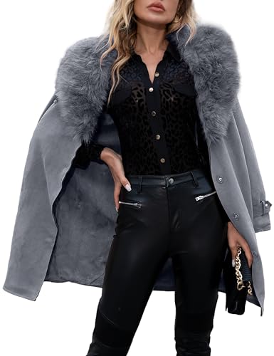 Giolshon Damen Wildlederimitat Lederjacke Lang Strickjacke Mantel mit Kunstpelzkragen FF20 Grau XL von Giolshon