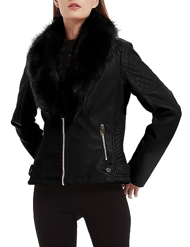 Giolshon Damen Kunstlederjacke Kurz Biker Mantel Winterjacket mit Abnehmbarem Kunstpelzkragen 9201 Schwarz L von Giolshon