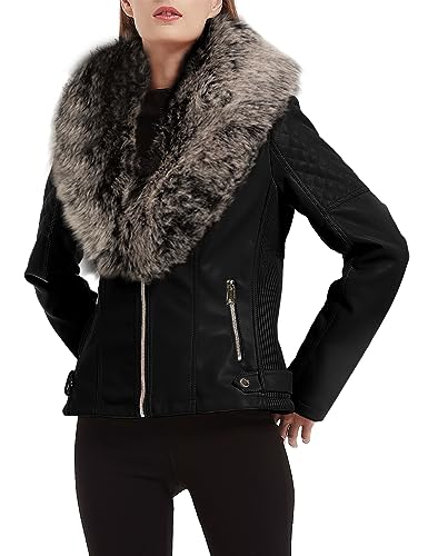 Giolshon Damen Kunstlederjacke Kurz Biker Mantel Winterjacket mit Abnehmbarem Kunstpelzkragen 9201 Schwarzgrau M von Giolshon