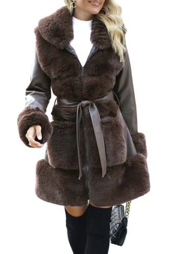 Giolshon Damen Langer Kunstleder Pelzjacke mit Gürtel und Kapuze Motorrad Parka Dicker Sherpa Fleece Oberbekleidung 241 Kaffee L von Giolshon