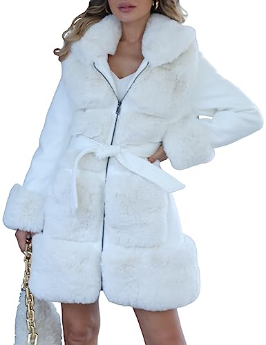 Giolshon Damen Langer Pelzjacke aus Kunstwollmischung mit Gürtel Gepolsterter Bubble Parka Mantel Isolierte Sherpa Fleece Oberbekleidung 241A Beige XXL von Giolshon