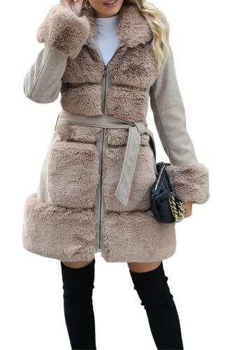 Giolshon Damen Langer Pelzjacke aus Kunstwollmischung mit Gürtel Gepolsterter Bubble Parka Mantel Isolierte Sherpa Fleece Oberbekleidung 241A Khaki L von Giolshon