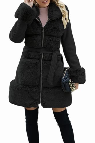 Giolshon Damen Langer Pelzjacke aus Kunstwollmischung mit Gürtel Gepolsterter Bubble Parka Mantel Isolierte Sherpa Fleece Oberbekleidung 241A Schwarz L von Giolshon