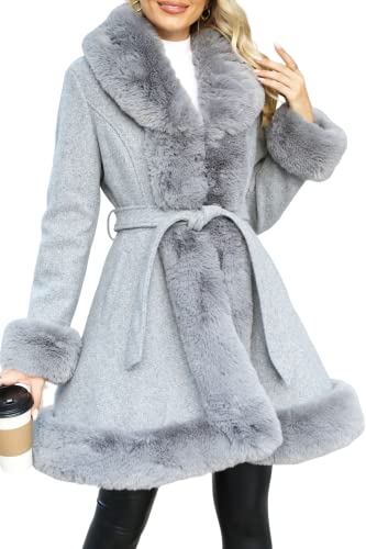 Giolshon Damen Langer Wollfleecejacke mit Kunstpelzkragen Isolierter Gepolsterter Bubble Parka Warmer Wintermantel mit Gürtel 242A Grau XL von Giolshon