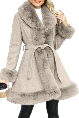 Giolshon Damen Langer Wollfleecejacke mit Kunstpelzkragen Isolierter Gepolsterter Bubble Parka Warmer Wintermantel mit Gürtel 242A Khaki M von Giolshon