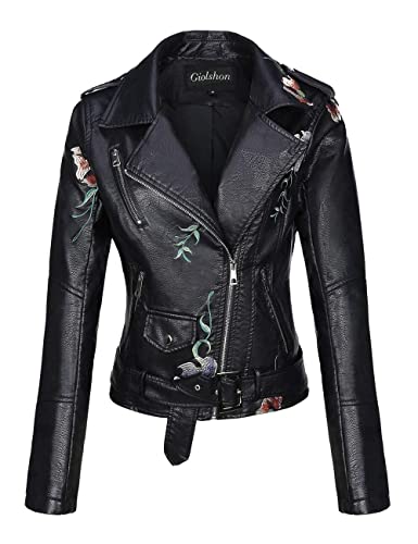 Giolshon Damen Lederjacke Kunstleder Bikerjacke Frühling Herbst Beiläufig Weiche Kurz Blume Mantel 1702020 Schwarz S von Giolshon