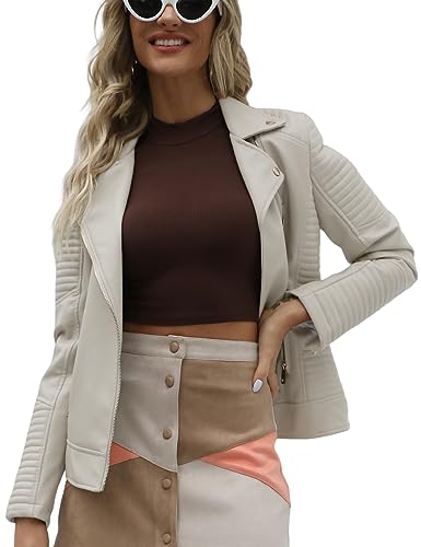 Giolshon Damen Lederjacke Kunstleder Bikerjacke Frühling Herbst Beiläufig Weiche Kurz Mantel G53 Beige XL von Giolshon
