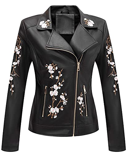 Giolshon Damen Lederjacke Kunstleder Bikerjacke Frühling Herbst Beiläufig Weiche Kurz Blume Mantel 1702021 Schwarz M von Giolshon