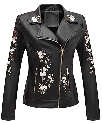 Giolshon Damen Lederjacke Kunstleder Bikerjacke Frühling Herbst Beiläufig Weiche Kurz Blume Mantel 1702021 Schwarz XXL von Giolshon