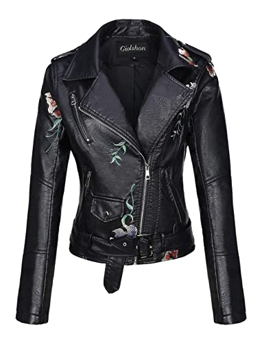 Giolshon Damen Lederjacke Kunstleder PU Bikerjacke Herbst Beiläufig Weiche Kurz Blume Mantel 1702020 Schwarz M von Giolshon