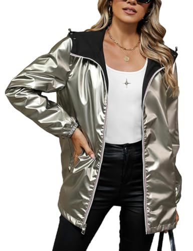 Giolshon Damen Leichtgewicht Mantel Windbreaker Zip Up Langarm Jacke Outdoor Regenmantel mit Kapuze K501 Silber M von Giolshon