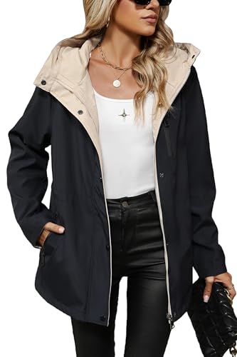 Giolshon Damen Leichtgewicht Mantel Windbreaker Zip Up Langarm Jacke Outdoor Regenmantel mit Kapuze K502 Schwarz XXL von Giolshon