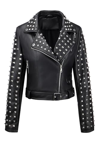 Giolshon Damen Motorradjacke aus Lederimitat mit Nieten lässig kurz Moto-Biker-Mantel Herbst-Outfits modische Kleidung 2024 3221 Schwarz XXL von Giolshon