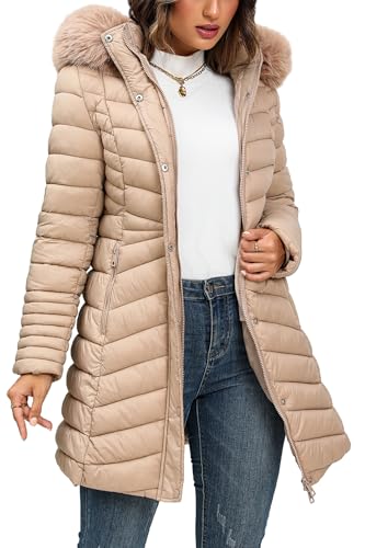 Giolshon Damen Puffer Jacke Fleece gefüttert gesteppte Wattierung Blase Mantel mit Kunstpelz abnehmbare Kapuze G23-18 Aprikose XXL von Giolshon