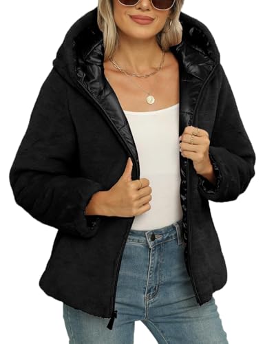 Giolshon Damen Puffermantel Sherpa gefüttert Winter Kurzer Reißverschluss Kapuzenjacke B-07 Schwarz XXL von Giolshon