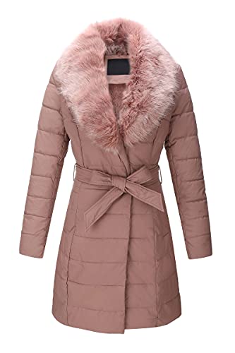 Giolshon Damen Übergangsjacke Leichte Steppjacke Lederjacke Winter Lang Puffer Mantel mit Abnehmbarer Pelzkragen 5527 Rosa L von Giolshon