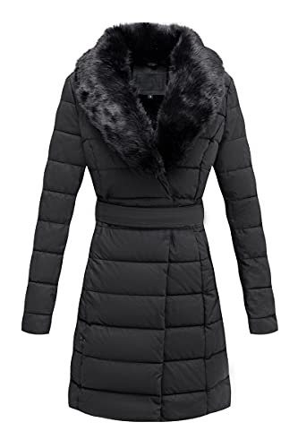 Giolshon Damen Übergangsjacke Leichte Steppjacke Lederjacke Winter Lang Puffer Mantel mit Abnehmbarer Pelzkragen 5527 Schwarz S von Giolshon