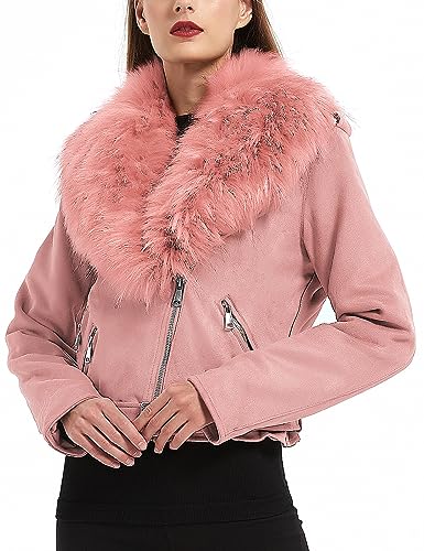 Giolshon Damen Wildleder Lederjacke kurz Motorradjacke mit Abnehmbarer Kunstpelzkragen 8830 Rosa L von Giolshon