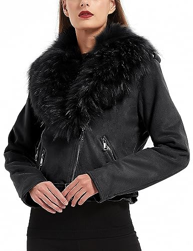 Giolshon Damen Wildleder Lederjacke kurz Motorradjacke mit Abnehmbarer Kunstpelzkragen 8830 Schwarz L von Giolshon