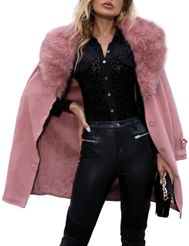 Giolshon Damen Wildlederimitat Lederjacke Lang Strickjacke Mantel mit Kunstpelzkragen FF20 Rosa S von Giolshon