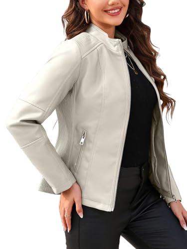 Giolshon Kunstlederjacken für Damen Motorrad Herbst Kleidung Mantel PU37 Beige L von Giolshon