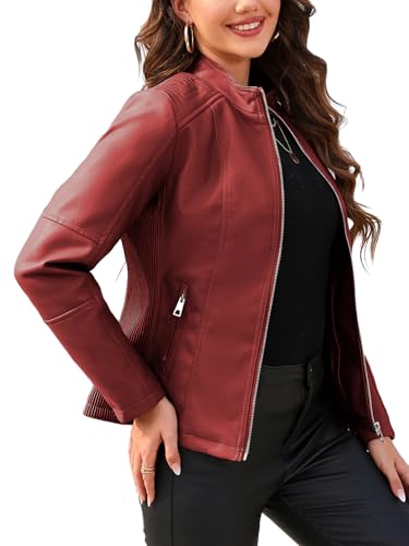 Giolshon Kunstlederjacken für Damen Motorrad Herbst Kleidung Mantel PU37 Rot XXL von Giolshon