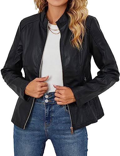 Giolshon Kunstlederjacken für Damen Motorrad Herbst Kleidung Mantel PU37 Schwarz M von Giolshon