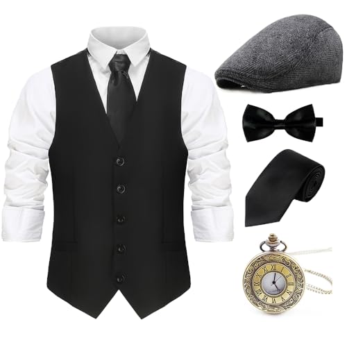 Gionforsy 20er Jahre Herren Weste Kostüm Zubehör Set mit Hut Weste Fliege Krawatte Taschenuhr Gangster Accessoires Set für Great Gatsby Party Halloween Karneval Fasching Mottoshow (Schwarz, S) von Gionforsy