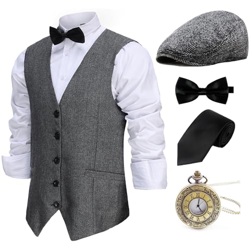 Gionforsy 20er Jahre Herren Wollartige Weste Kostüm Zubehör Set mit Hut Weste Fliege Krawatte Taschenuhr Gangster Accessoires Set für Great Gatsby Motto Party Halloween Karneval Fasching (Grau, L) von Gionforsy