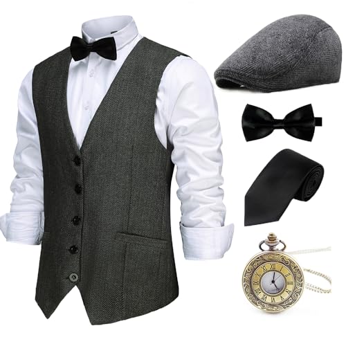 Gionforsy 20er Jahre Herren Wollartige Weste Kostüm Zubehör Set mit Hut Weste Fliege Krawatte Taschenuhr Gangster Accessoires Set für Great Gatsby Motto Party Halloween Karneval Fasching (Schwarz, S) von Gionforsy