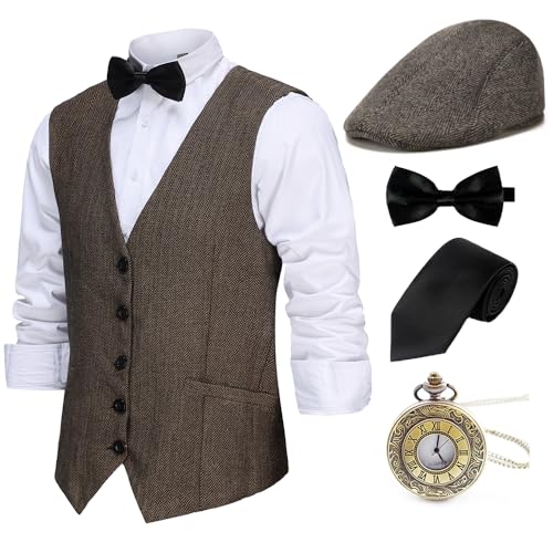 Gionforsy 20er Jahre Herren Wollartige Weste Kostüm Zubehör Set mit Hut Weste Fliege Krawatte Taschenuhr Gangster Accessoires Set für Great Gatsby Party Halloween Karneval Fasching (Kaffee, XL) von Gionforsy