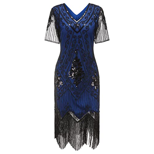 Gionforsy Damen 1920s Kleid mit Pailletten Kurzem Ärmel 20er Jahre Flapper Kostüm Kleid für Great Gatsby Motto Party Halloween Karneval Fasching (Blau Schwarz, S) von Gionforsy
